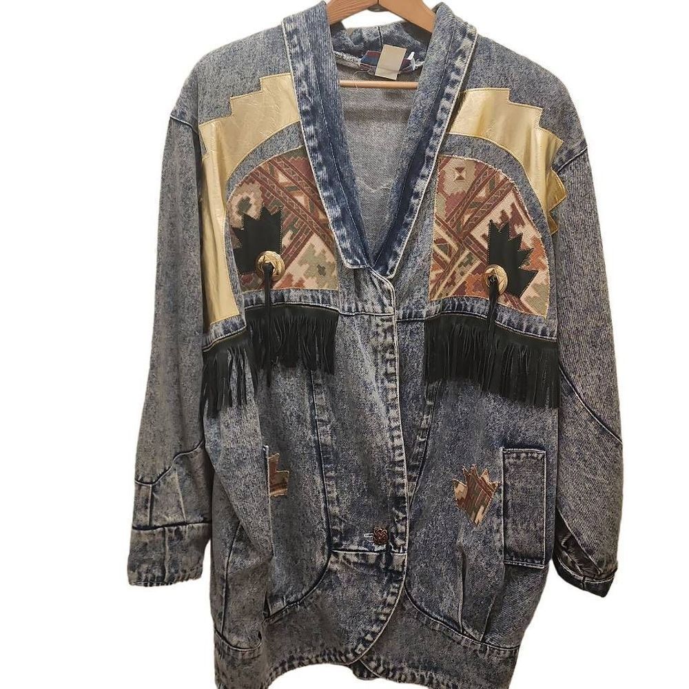 Rochelle Forest Women's Denim Jean Jacket Southwest Embellished Fringe Western S